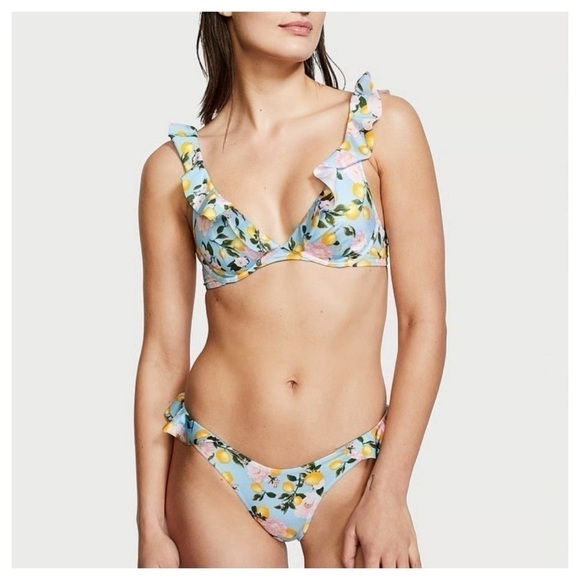 Victoria Secret Swim Ruffle Brazilian Bikini Set In Blue Lemon size 34 C/ M new - Picture 3 of 10